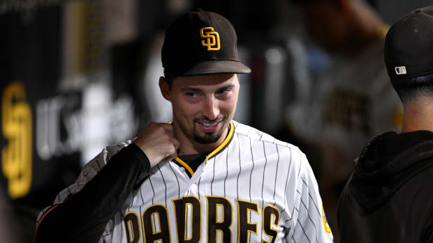 Sep 19, 2023; San Diego, California, USA; San Diego Padres starting pitcher Blake Snell (4) looks on from the dugout during the eighth inning against the Colorado Rockies at Petco Park.